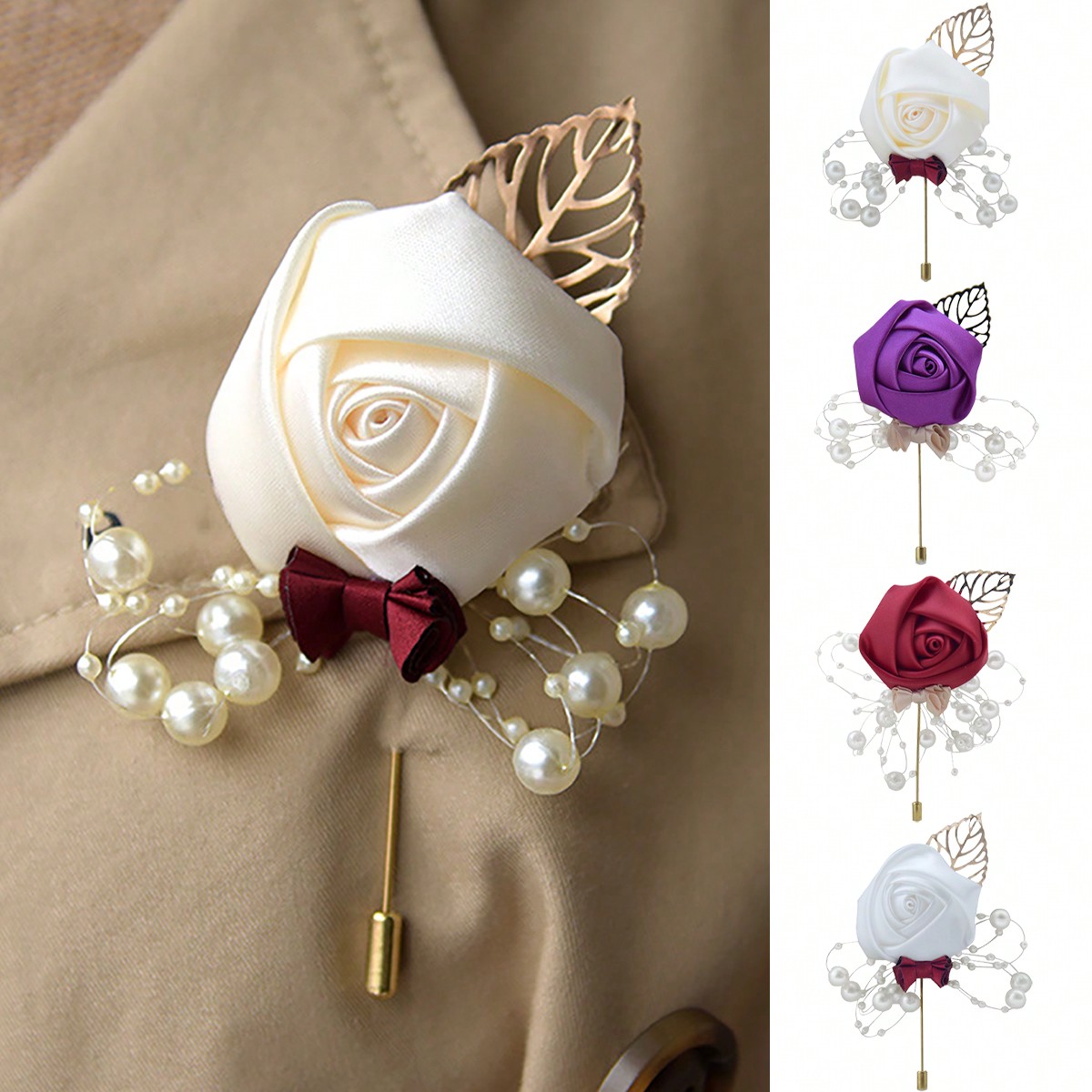 Brooch Pin Gold - 1 Stück Hochzeits-Bräutigam-Blumenbrosche, Goldblatt-Perlenfliege, Hochzeitsbrosche für
